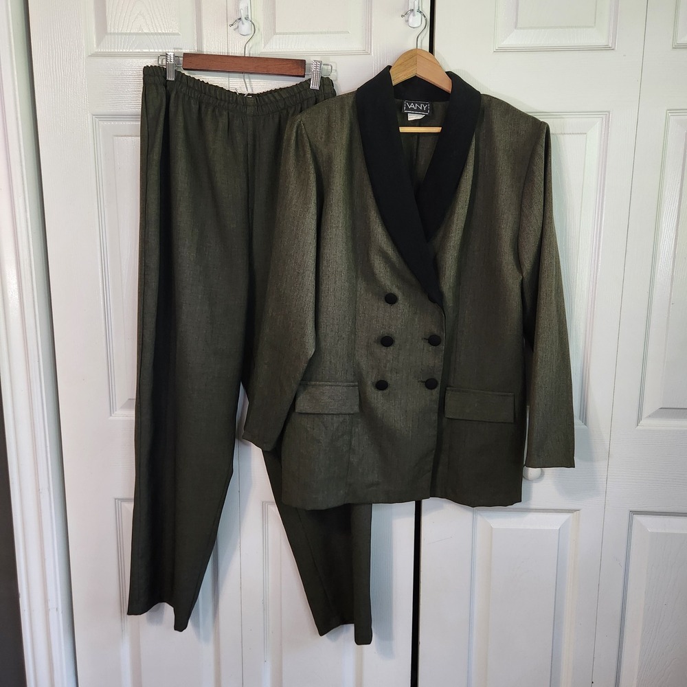 Vany Vintage Olive Green Pant Suit Double Breasted Shawl Collar Size 18 Plus